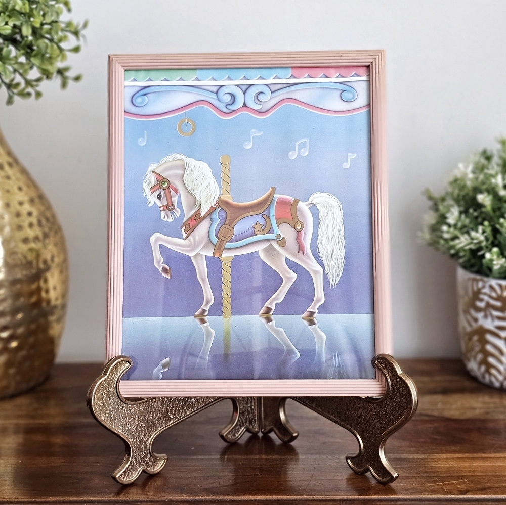 Vintage 1986 Carousel Horse Art Print Framed w Original Glass Figi Graphics